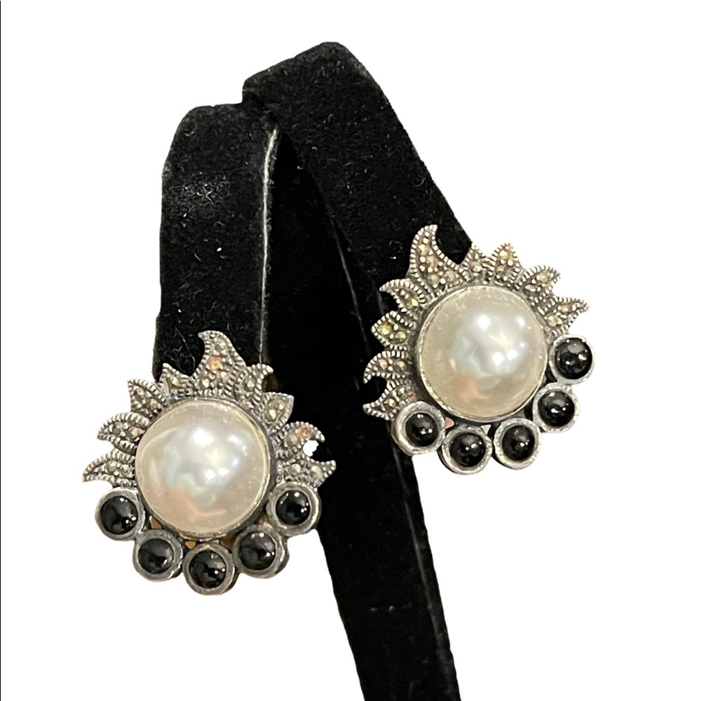 Vintage Sterling silver 925 Black onyx pearl marcasite earrings - Picture 6 of 8
